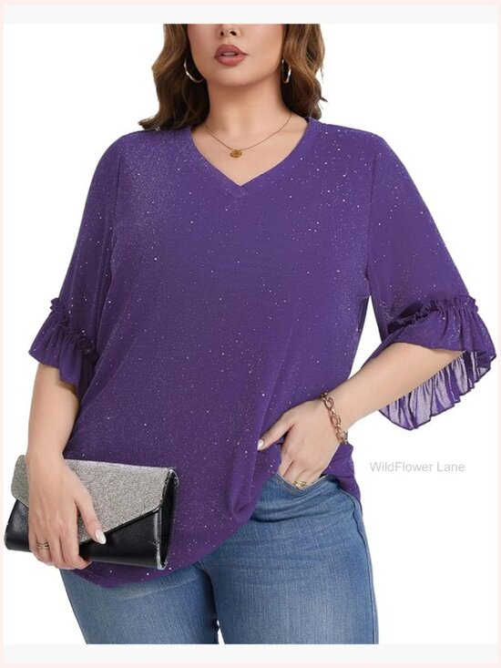 Tops - Plus Size Sequin Mesh V Neck Top Ruffled 3/4 Sleeve Blouse Party